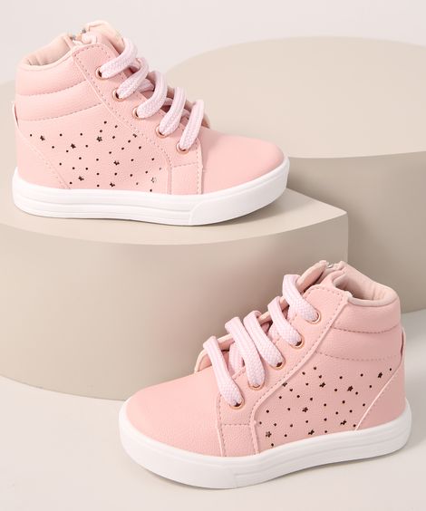 Tênis Infantil Cano Alto com Estrelas Rosa
