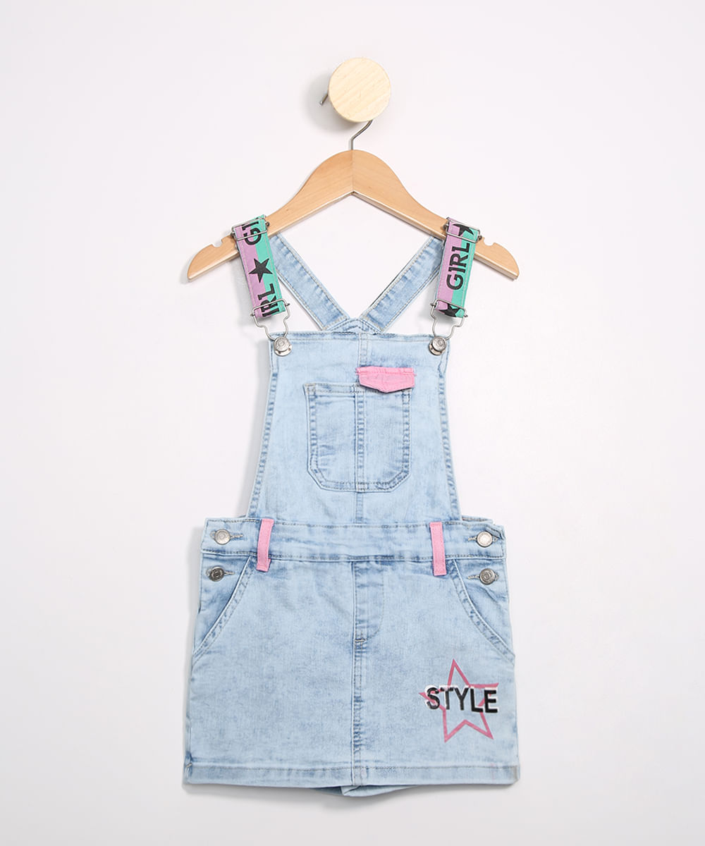 Jardineira Infantil Short Saia Estrela Azul Claro Menor preço em Jardineira Infantil Short Saia Estrela Azul Claro