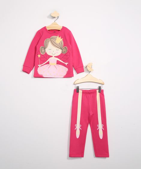 Pijama Infantil de Moletom Manga Longa Bailarina Brandili Rosa Escuro