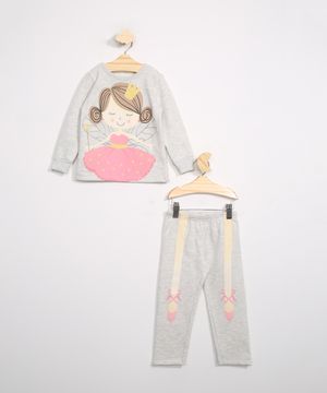 Pijama Infantil de Moletom Manga Longa Bailarina Brandili Cinza Mescla Claro