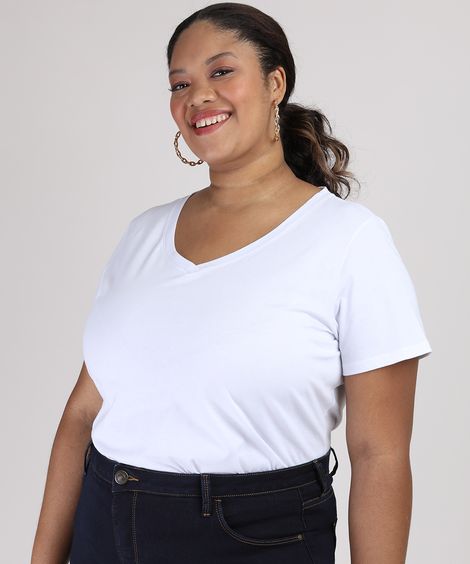 blusa plus size manga curta decote v verde militar - branco