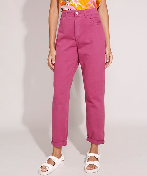 Calça Mom de Sarja Cintura Super Alta Rosa Escuro