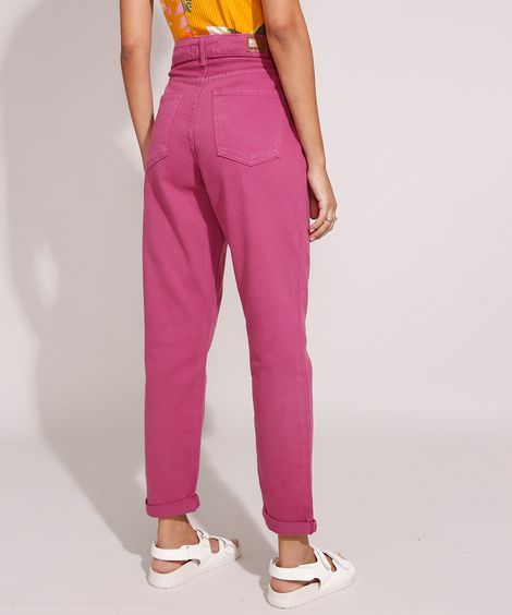 Calça Mom de Sarja Cintura Super Alta Rosa Escuro