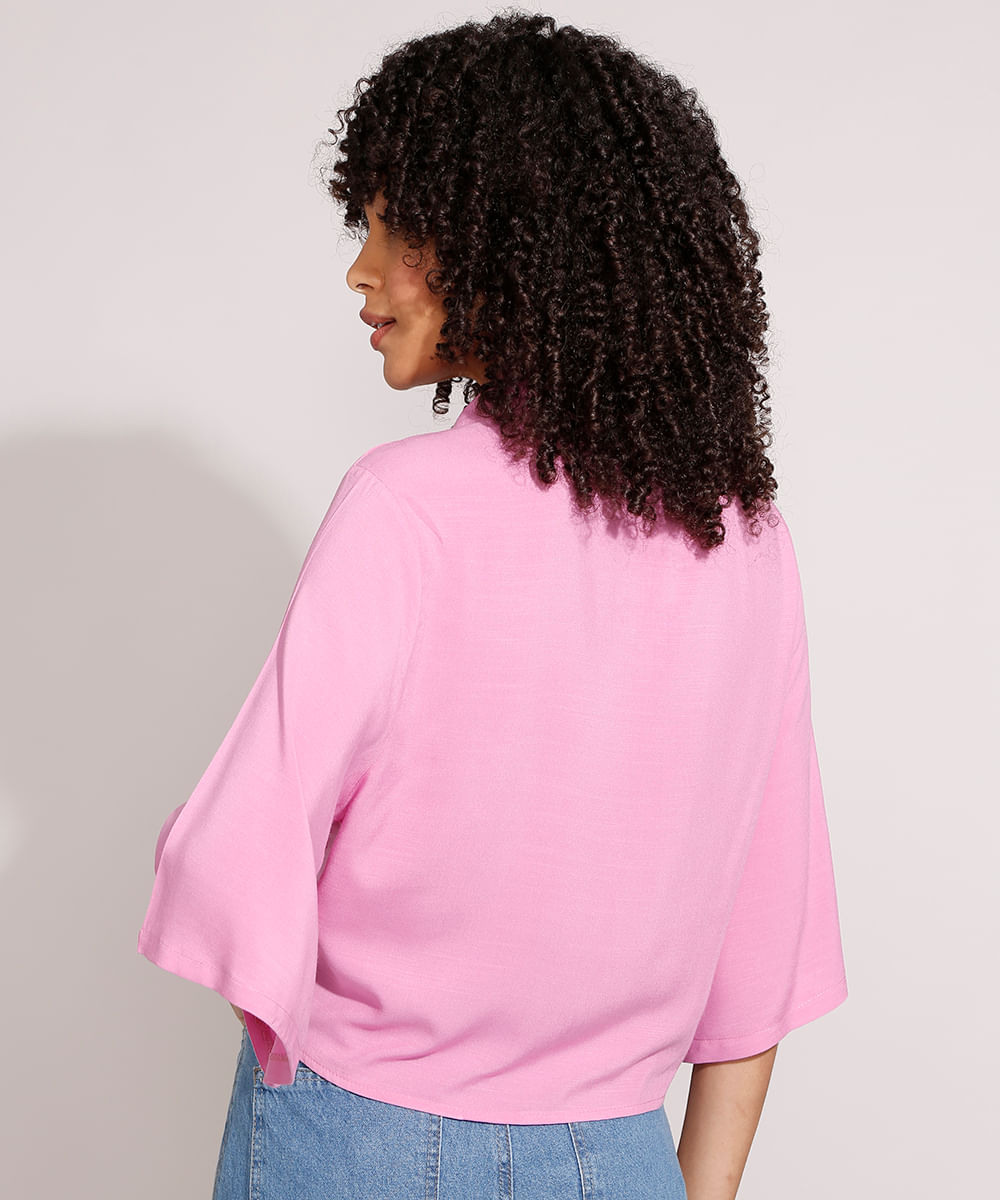 camisa de viscose com nó manga curta ampla rosa