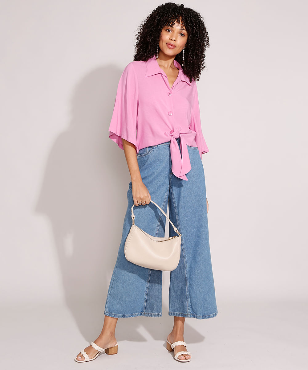 camisa de viscose com nó manga curta ampla rosa