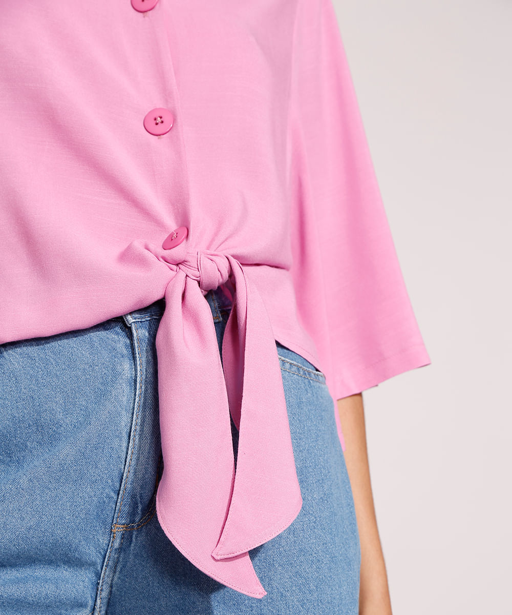 camisa de viscose com nó manga curta ampla rosa