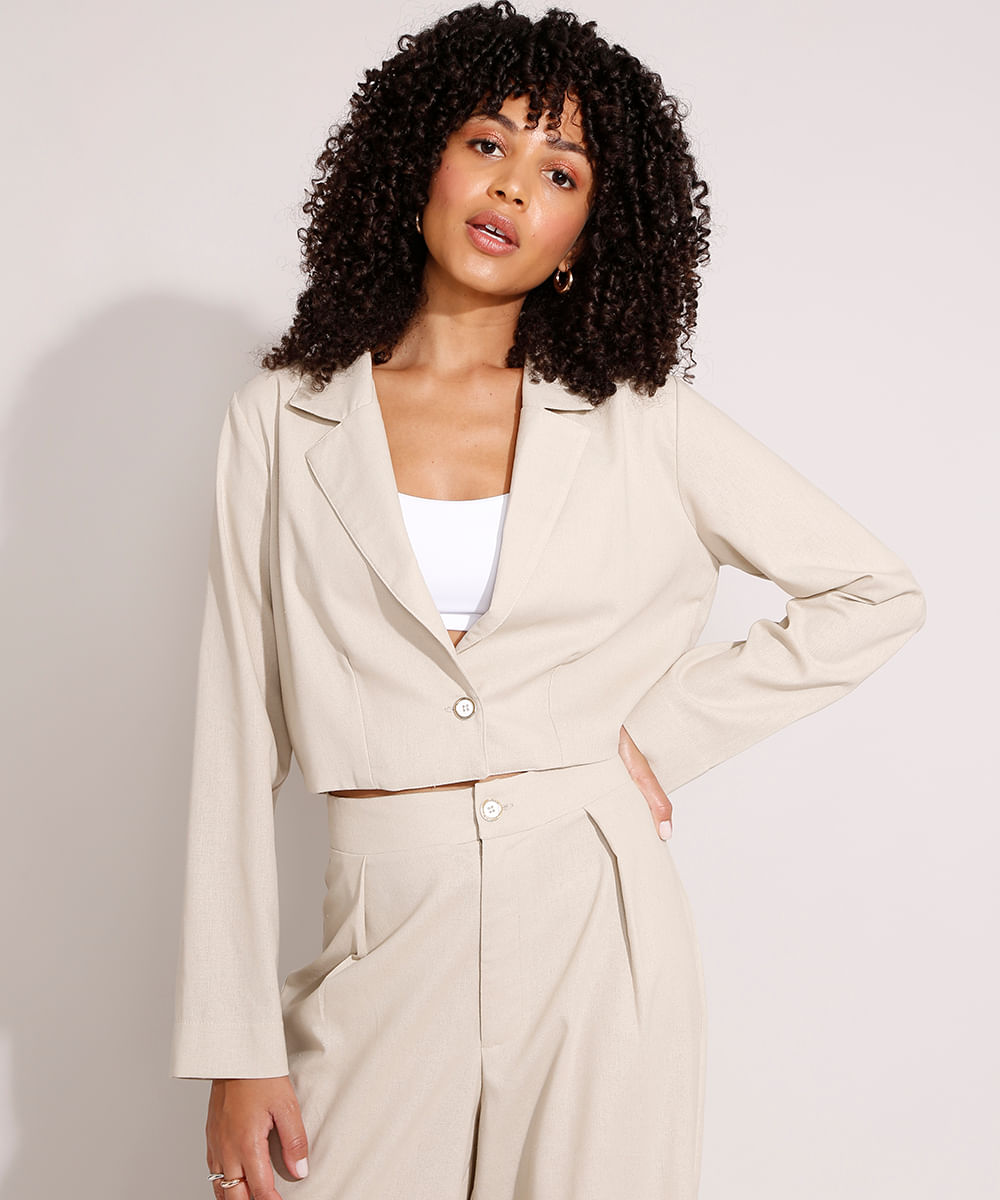 Blazer Cropped com Linho Bege