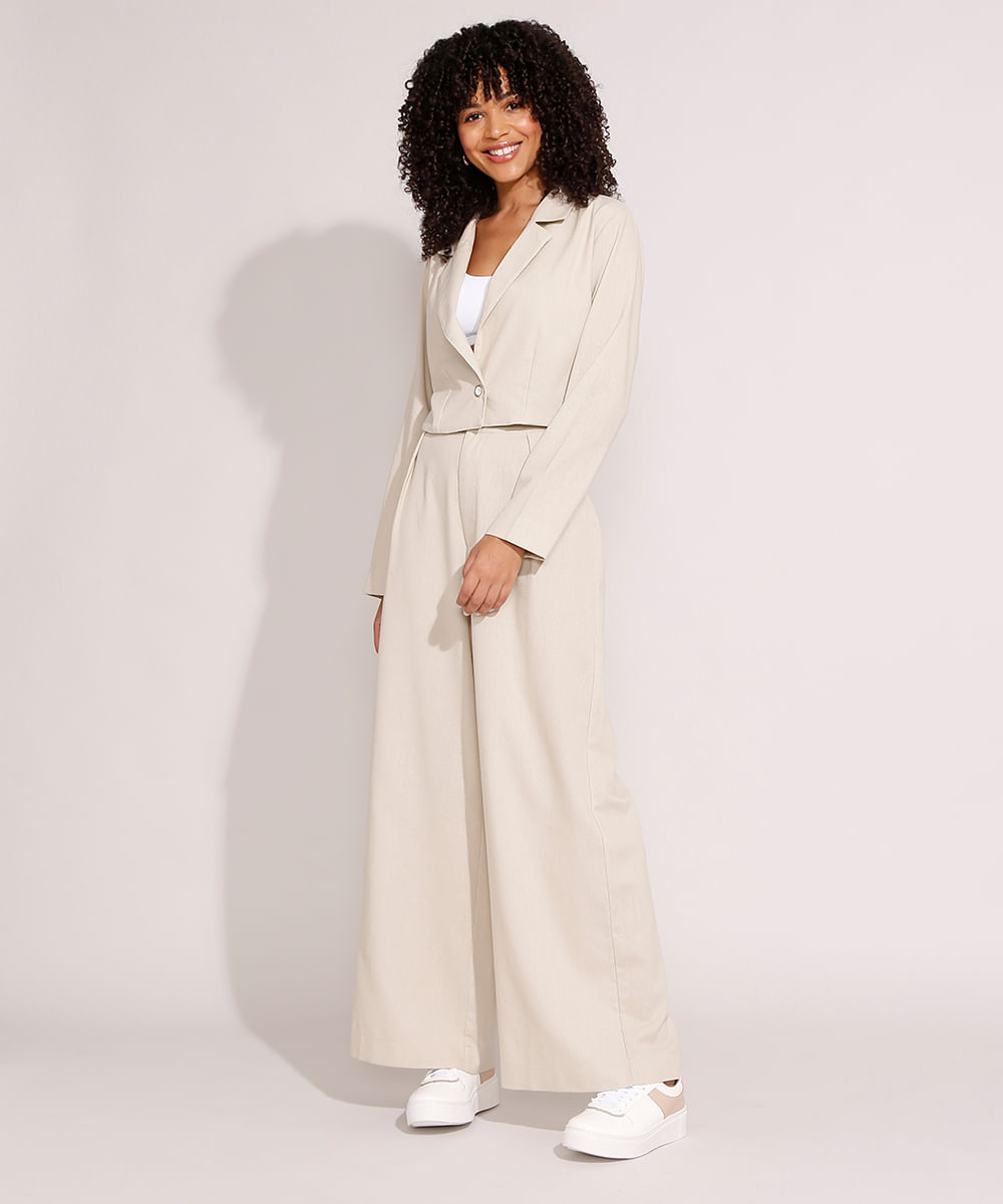 Blazer Cropped com Linho Bege