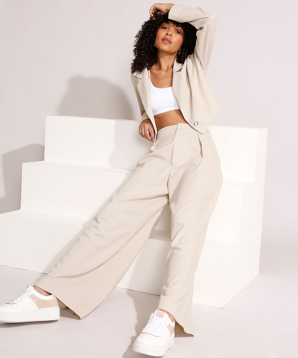 Blazer Cropped com Linho Bege