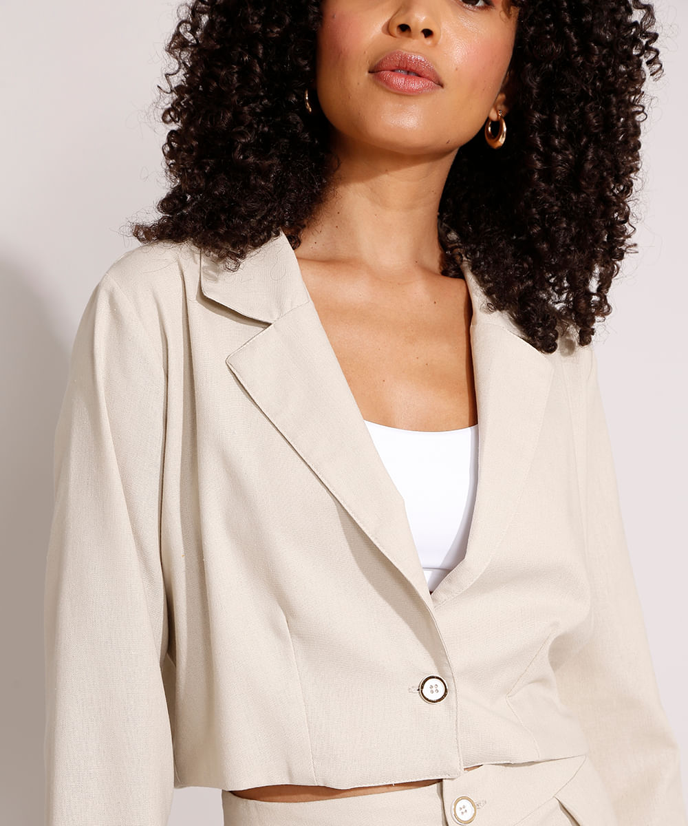 Blazer Cropped com Linho Bege