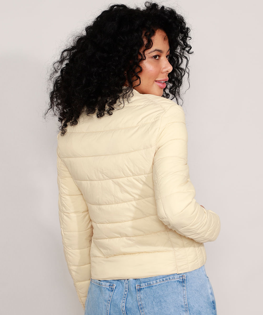 Jaqueta Puffer com Zíper Diagonal Bege