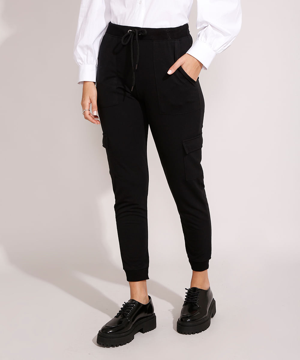 calça de moletom feminina cargo básica cintura média preta - C&A