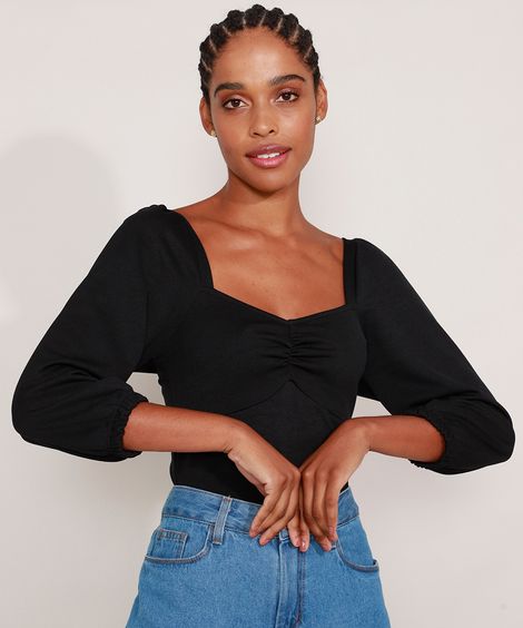 Blusa Manga Bufante Decote Princesa Preta
