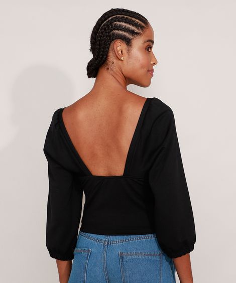 Blusa Manga Bufante Decote Princesa Preta