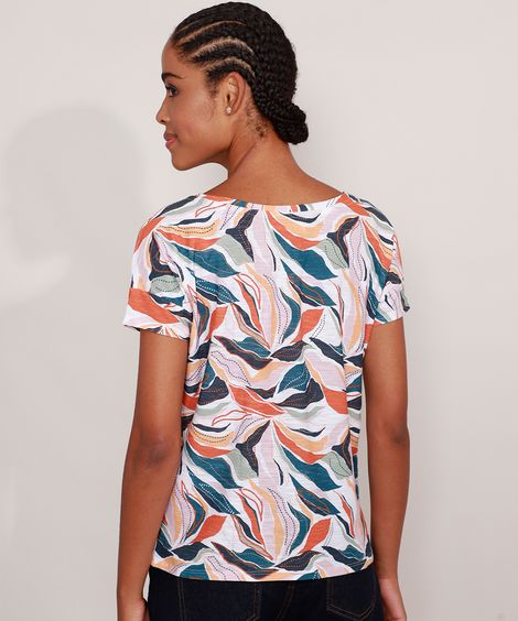 Camiseta Estampada Folhagem Manga Curta Decote Redondo Bege