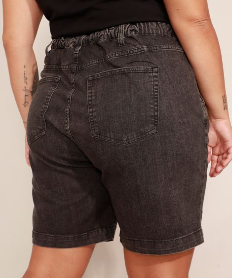 Bermuda Jeans Plus Size com Pregas Cintura Alta Mindset Preta
