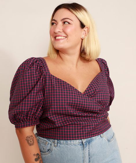 Blusa Transpassada Estampada Xadrez Plus Size Manga Bufante Decote V Mindset Azul Marinho