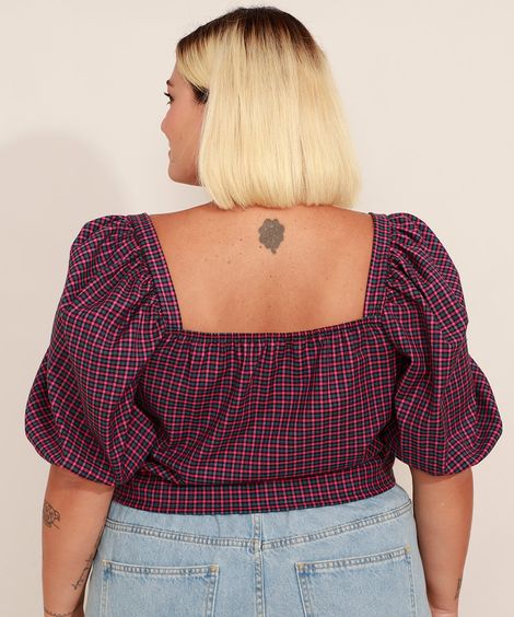 Blusa Transpassada Estampada Xadrez Plus Size Manga Bufante Decote V Mindset Azul Marinho