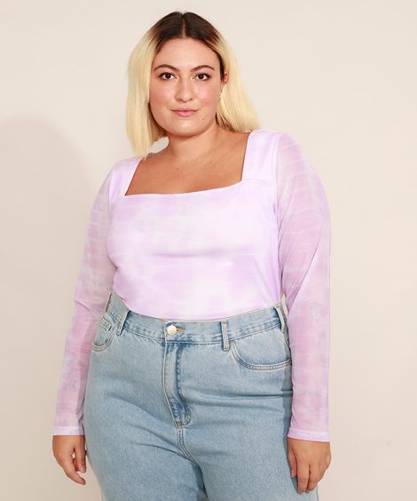 Blusa de Tule Estampada Tie Dye Manga Longa Decote Reto Mindset Lilás