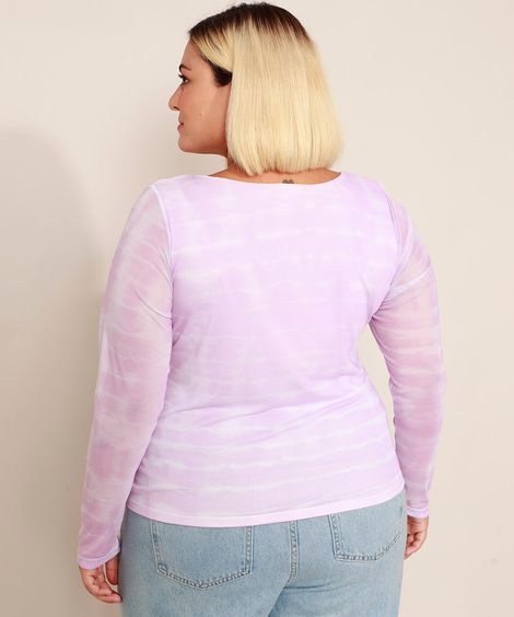 Blusa de Tule Estampada Tie Dye Manga Longa Decote Reto Mindset Lilás