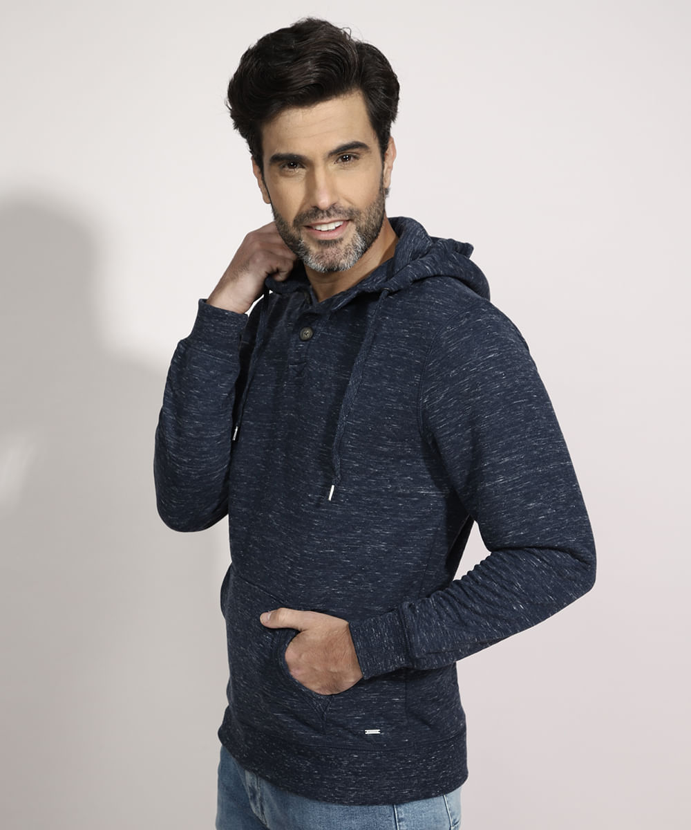 Blusão de Moletom Masculino Texturizado com Capuz e Bolso Azul Marinho Mescla Menor preço em Blusão de Moletom Masculino Texturizado com Capuz e Bolso Azul Marinho Mescla