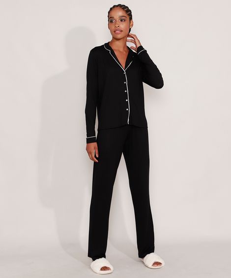 Pijama Feminino Camisa Manga Longa com Vivo Contrastante Preto