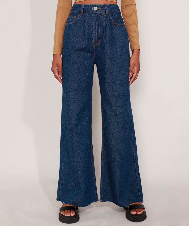 Calca-Wide-Pantalona-Jeans-com-Pences-e-Barra-a-Fio-Cintura-Super-Alta-Azul-Escuro-9992130-Azul_Escuro_1