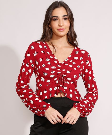 Blusa Estampada Floral com Franzido Manga Longa Decote V Vermelha
