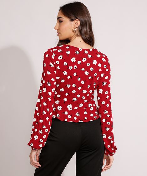 Blusa Estampada Floral com Franzido Manga Longa Decote V Vermelha