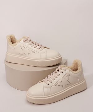 Tênis Feminino Flatform com Pelo e Estrela Oneself Bege