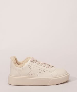 Tênis Feminino Flatform com Pelo e Estrela Oneself Bege