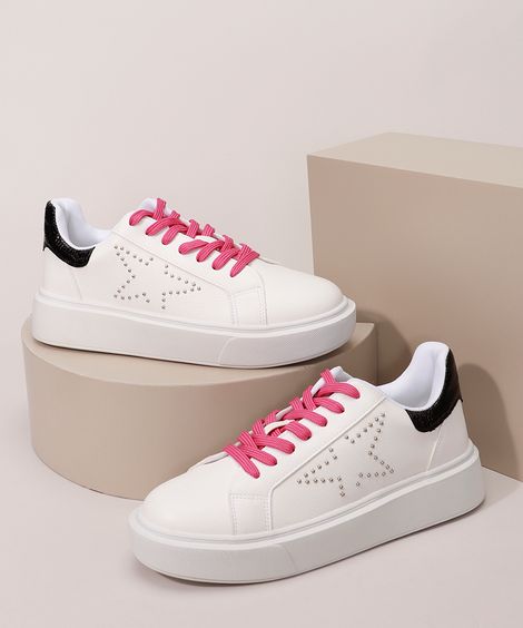 Tênis Feminino Flatform com Recorte Croco e Cadarço Contrastante Oneself Branco