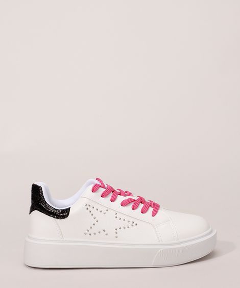 Tênis Feminino Flatform com Recorte Croco e Cadarço Contrastante Oneself Branco