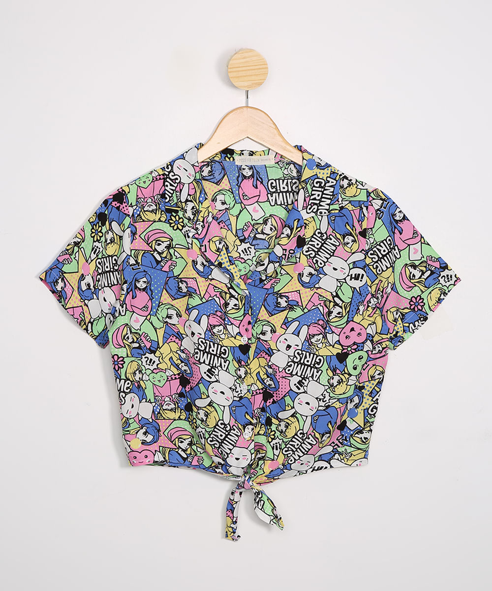 Camisa Juvenil Cropped Estampada Anime Girls Manga Curta Multicor