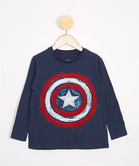 Camiseta Infantil Capitão América Manga Curta Gola Careca Azul Marinho