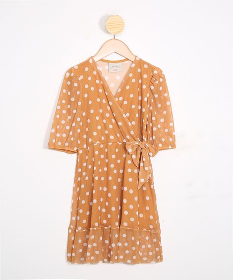 Vestido Infantil Tal Mãe Tal Filha de Tule Estampado de Poá Manga Bufante Amarelo