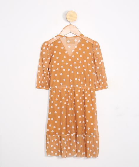 Vestido Infantil Tal Mãe Tal Filha de Tule Estampado de Poá Manga Bufante Amarelo