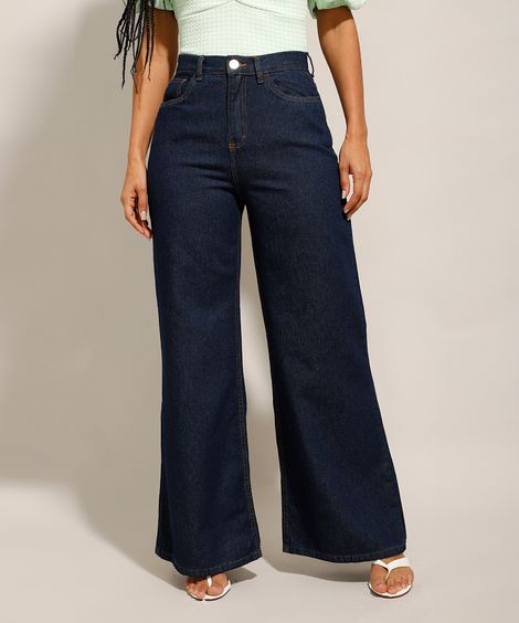 Calça Wide Pantalona Jeans Cintura Super Alta Azul Escuro