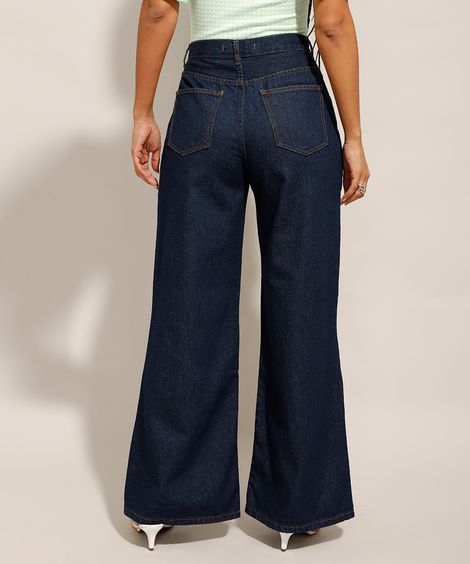 Calça Wide Pantalona Jeans Cintura Super Alta Azul Escuro