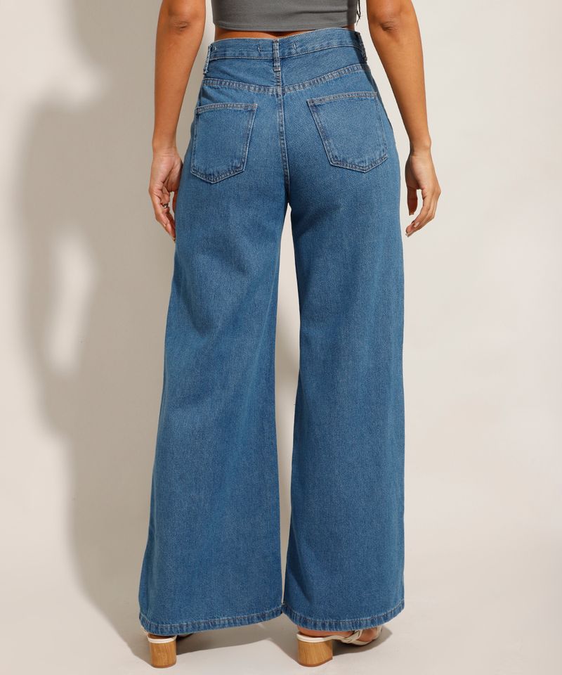 Calça Wide Jeans Cintura Super Alta Azul Médio costas