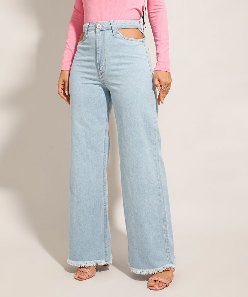 Calça Jeans Feminina Pantalona Cintura Super Alta com Vazado