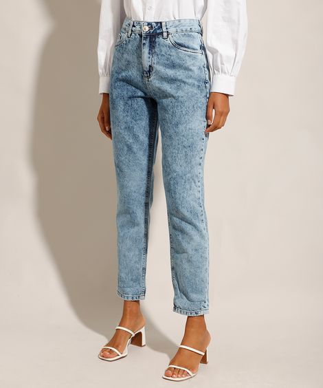 Calça Mom Jeans Marmorizada Cintura Super Alta Azul Médio