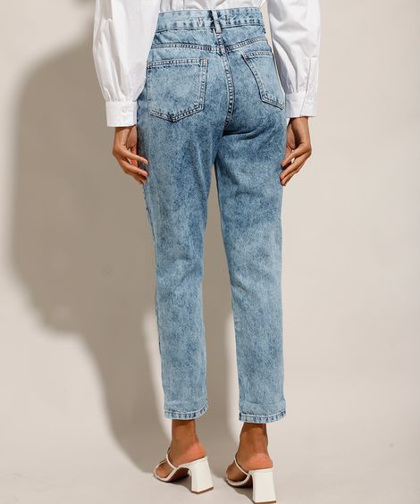 Calça Mom Jeans Marmorizada Cintura Super Alta Azul Médio