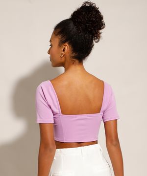 Blusa Cropped Corset Manga Curta Decote Princesa Lilás
