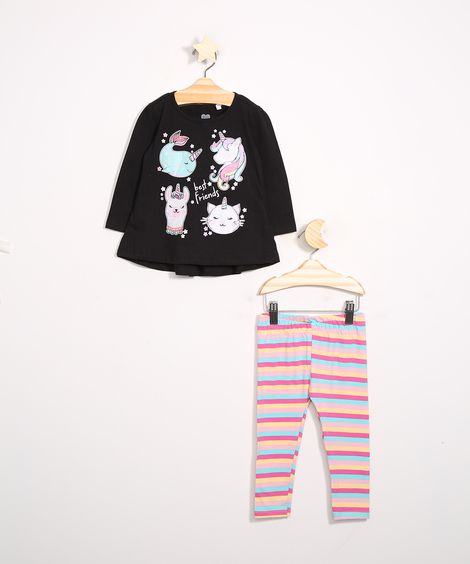 Conjunto Infantil de Blusa Manga Longa Preto + Calça Legging Listrada Multicor