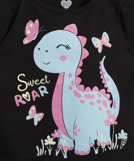 Blusa Infantil Dinossauro Manga Longa Preta
