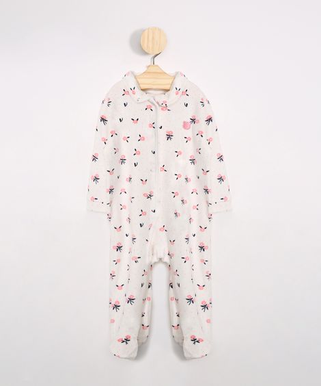 Macacão Infantil de Plush Estampado Floral Manga Longa Gola Boneca Off White