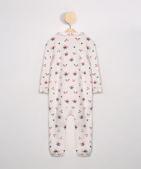 Macacão Infantil de Plush Estampado Floral Manga Longa Gola Boneca Off White