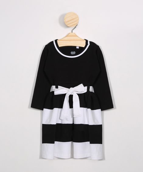 Vestido Infantil com Recortes e Cinto Manga Longa Preto