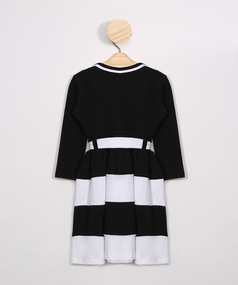 Vestido Infantil com Recortes e Cinto Manga Longa Preto
